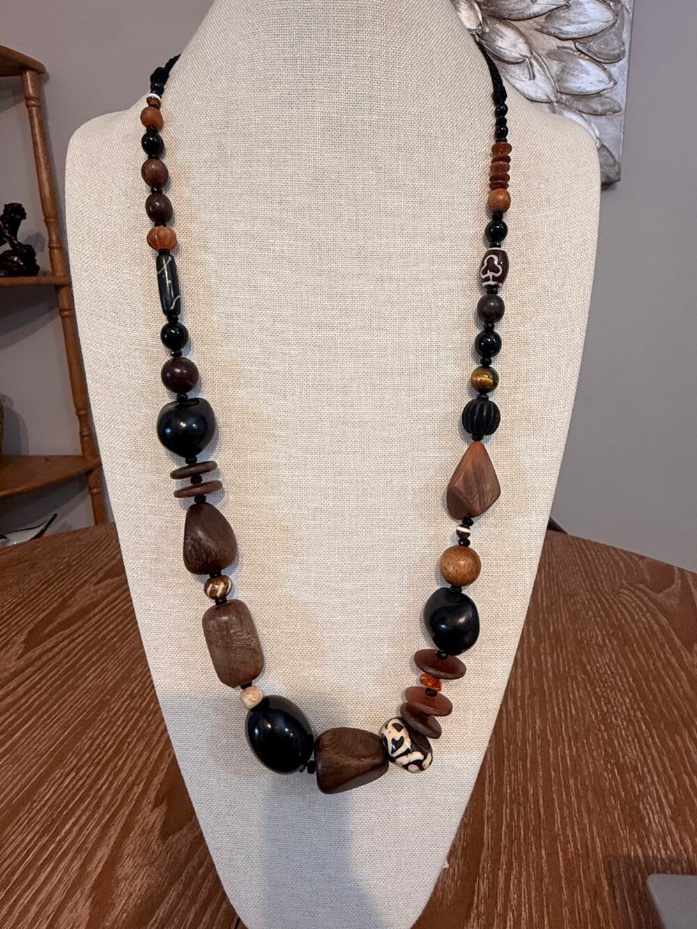 32” Boho Wood Bead Necklace with Tribal Accent Beads
